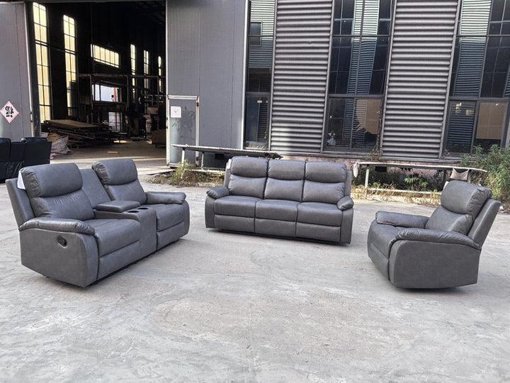 Comfoza 3-Piece Manual Recliner Set In Leather Upholstery - Grey