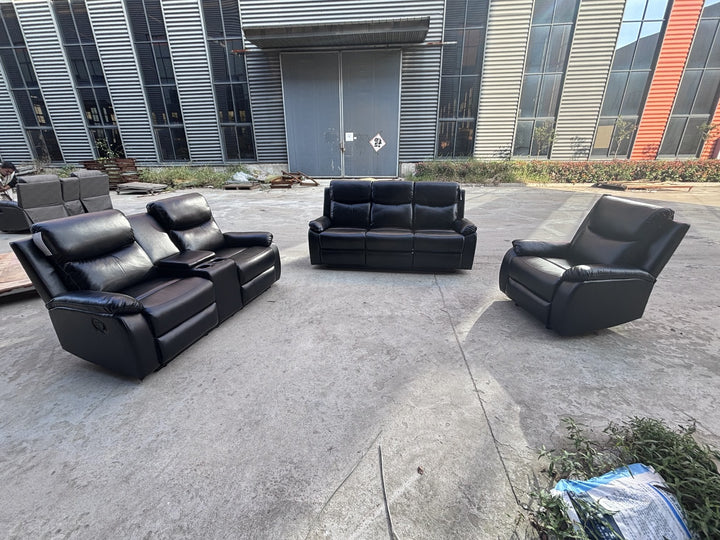 Comfoza 3-Piece Manual Recliner Set In Leather Upholstery - Black