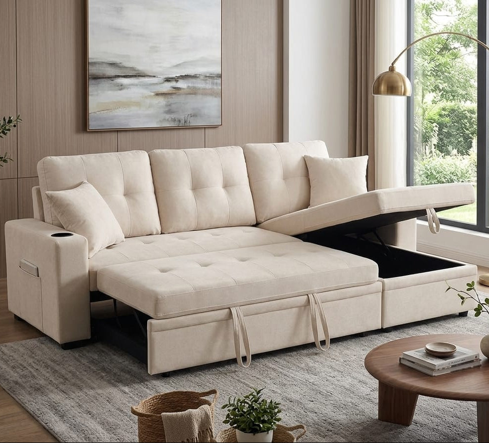 Kestrel Fabric Upholstered Sectional Sofa Bed With Reversible Storage Chaise - Beige