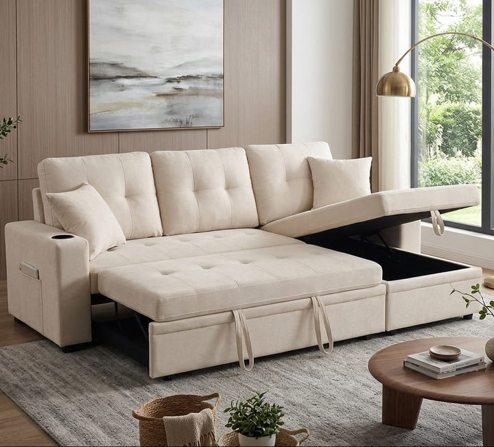 Kestrel Fabric Upholstered Sectional Sofa Bed With Reversible Storage Chaise - Beige