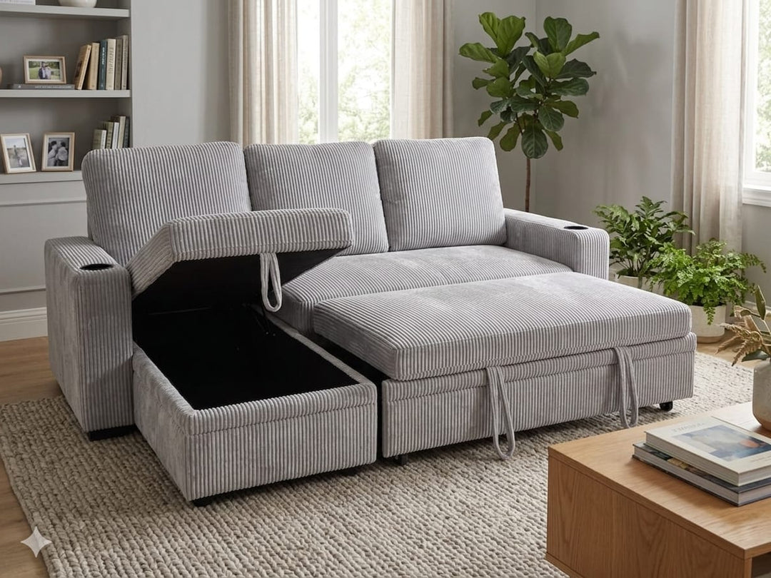 Robin Fabric Upholstered Sectional Sofa Bed With Reversible Storage Chaise - Grey