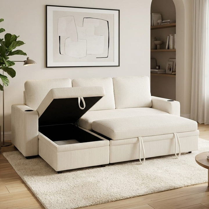 Robin Fabric Upholstered Sectional Sofa Bed With Reversible Storage Chaise - Beige