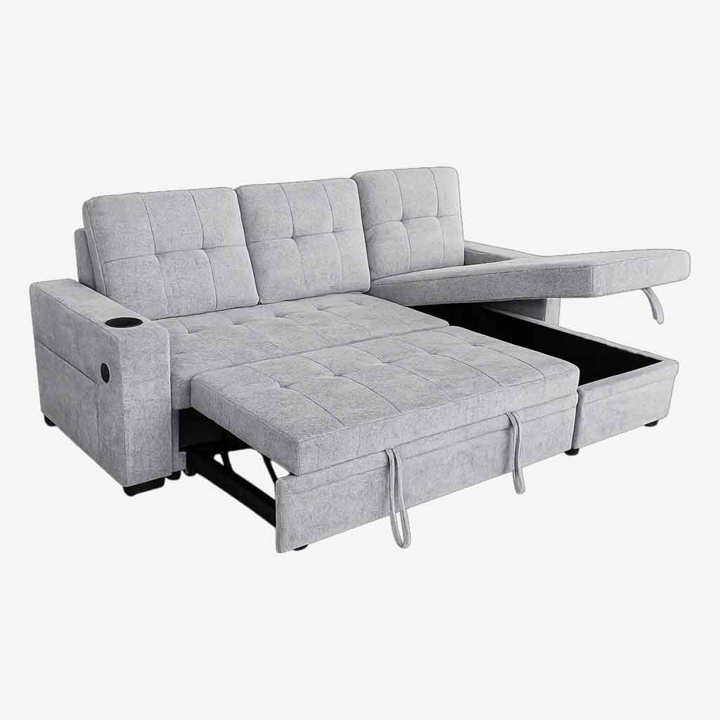 Evane Fabric Upholstered Sectional Sofa Bed With Reversible Storage Chaise &amp; USB Charing Ports - Grey
