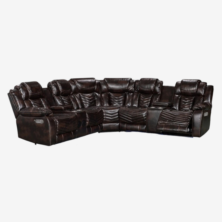Mitchell 5-Seater Power Recliner Sectional In Air Leather Upholstery - Brown