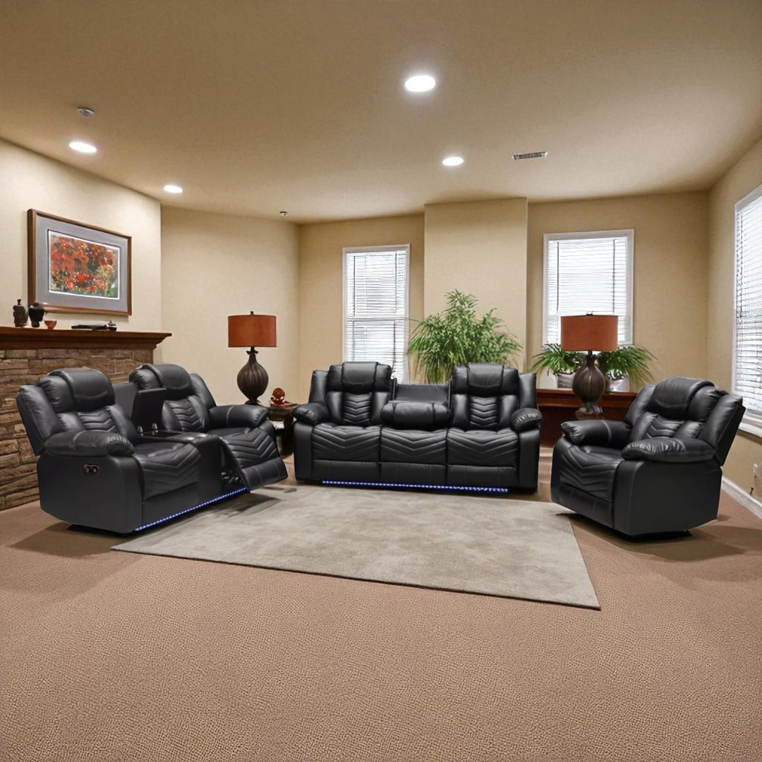 Mitchell 3-Piece Power Recliner Set In Air Leather Upholstery - Black