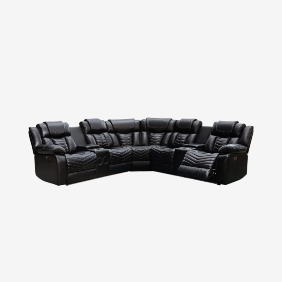 Mitchell 5-Seater Power Recliner Sectional In Air Leather Upholstery - Black