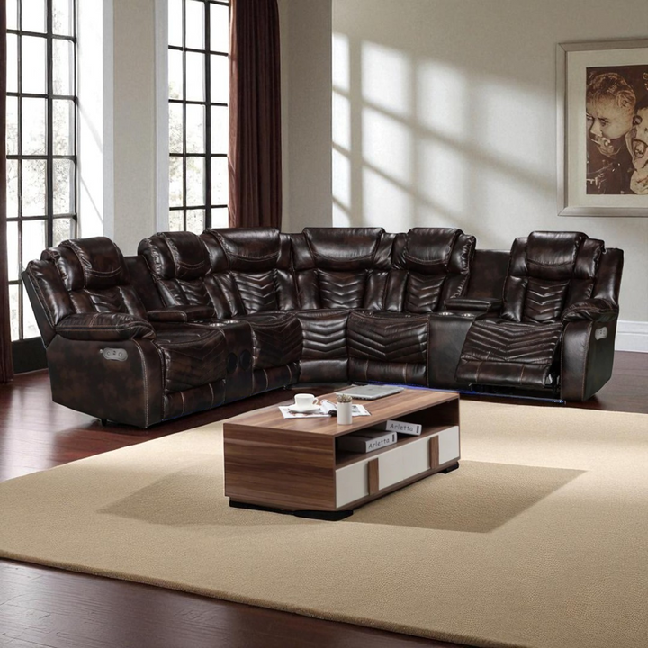 Mitchell 5-Seater Power Recliner Sectional In Air Leather Upholstery - Brown