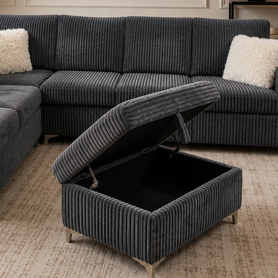 Scott Grey Corduroy Reversible Sectional Sofa Set with Storage Chaise &amp; Ottoman