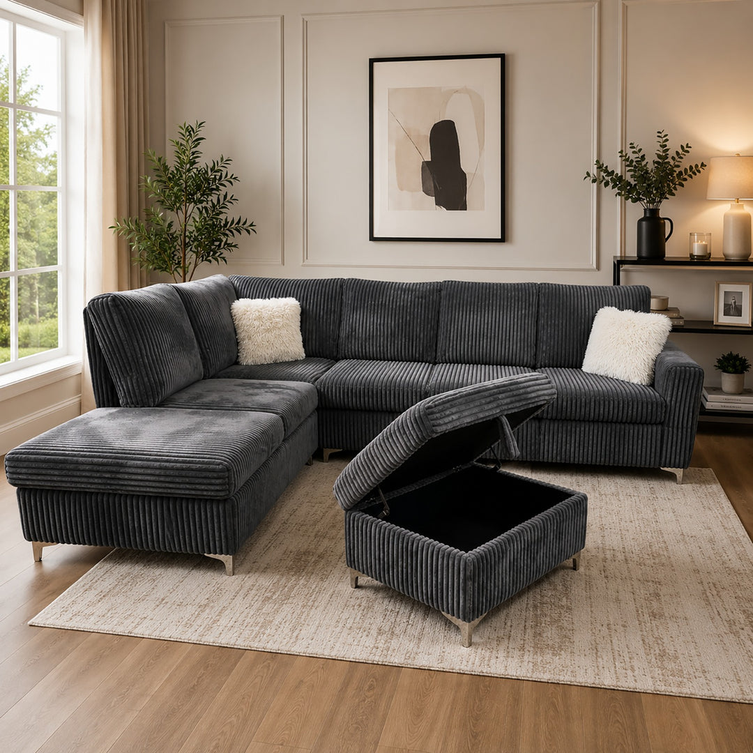 Scott Grey Corduroy Reversible Sectional Sofa Set with Storage Chaise &amp; Ottoman