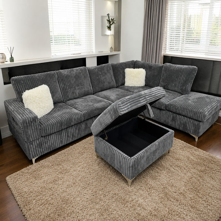 Scott Grey Corduroy Reversible Sectional Sofa Set with Storage Chaise &amp; Ottoman