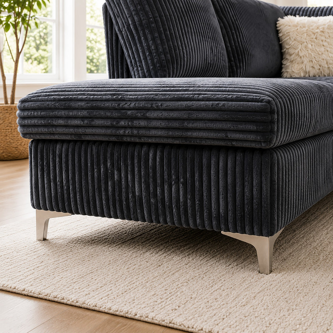 Scott Grey Corduroy Reversible Sectional Sofa Set with Storage Chaise &amp; Ottoman