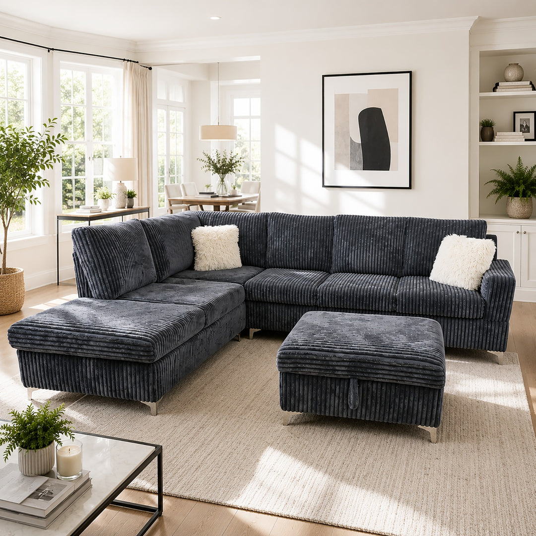 Scott Grey Corduroy Reversible Sectional Sofa Set with Storage Chaise &amp; Ottoman