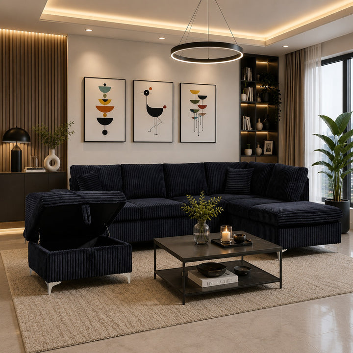 Scott Reversible Sectional Sofa Set In Soft Fabric Upholstery - Black