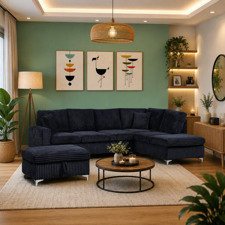 Scott Reversible Sectional Sofa Set In Soft Fabric Upholstery - Black