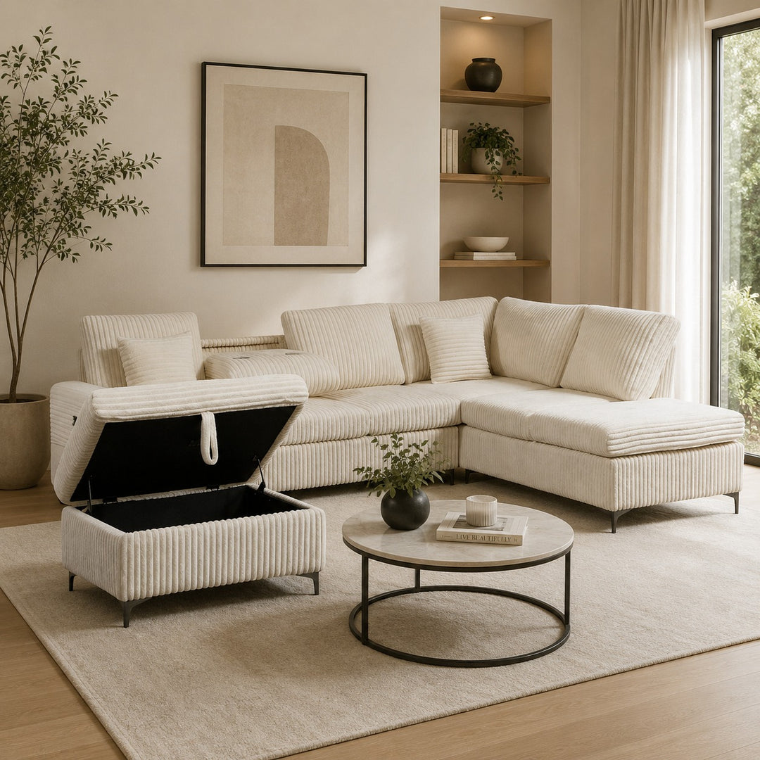 Scott Reversible Sectional Sofa Set In Soft Fabric Upholstery - Beige