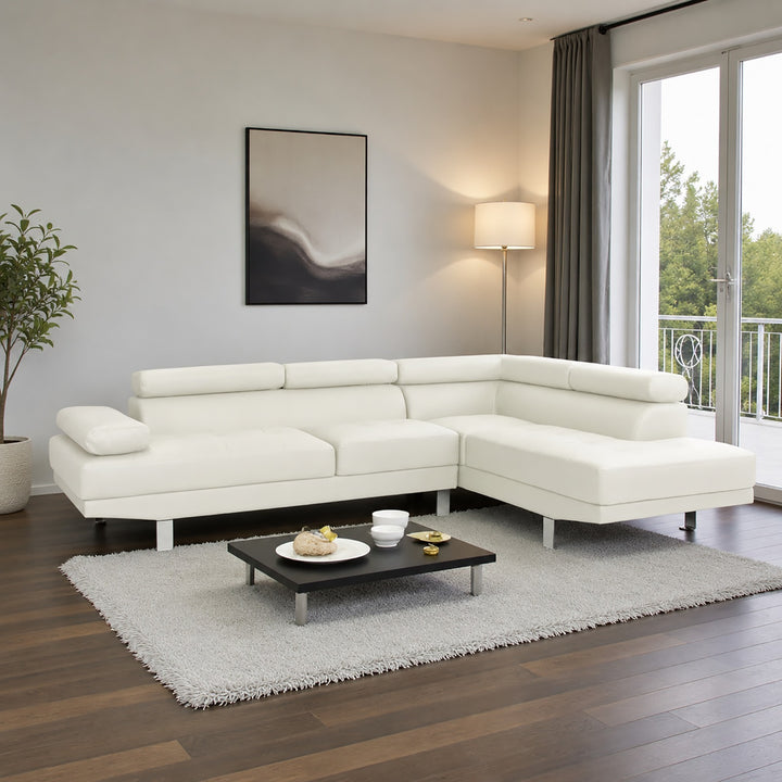 Grayson PU Upholstered Sectional Sofa With Adjustable Headrest - White | Available In LHF/ RHF Configuration