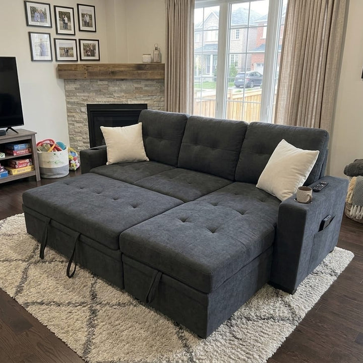 Kestrel Fabric Upholstered Sectional Sofa Bed With Reversible Storage Chaise - Grey