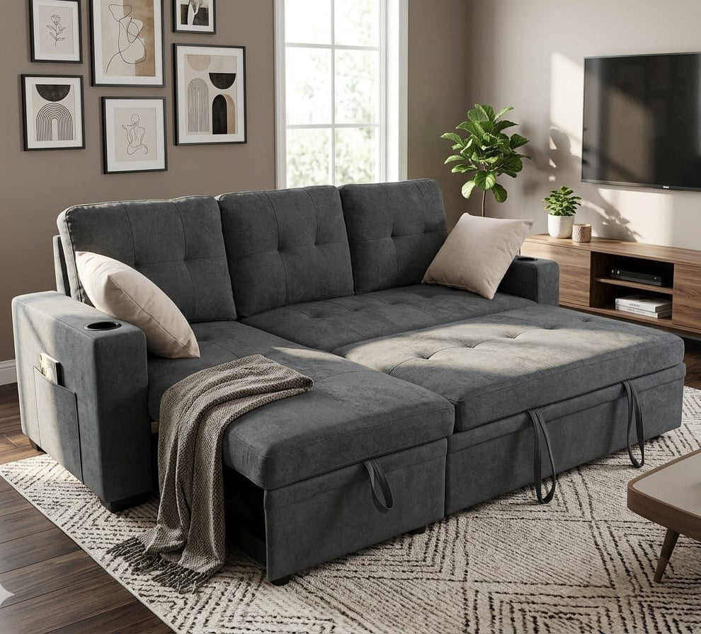 Kestrel Fabric Upholstered Sectional Sofa Bed With Reversible Storage Chaise - Grey