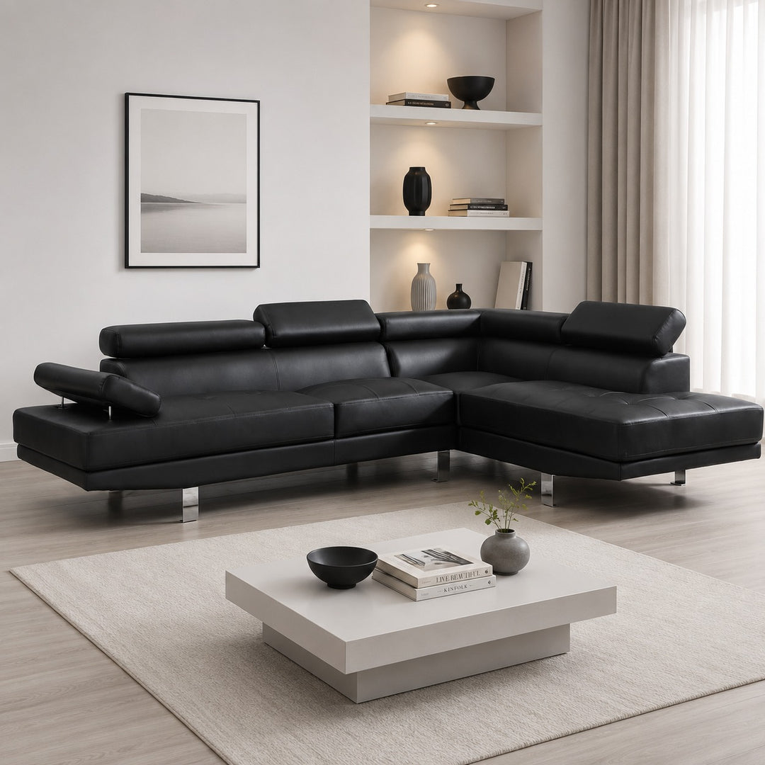 Grayson PU Upholstered Sectional Sofa With Adjustable Headrest - Black | Available In LHF/ RHF Configuration