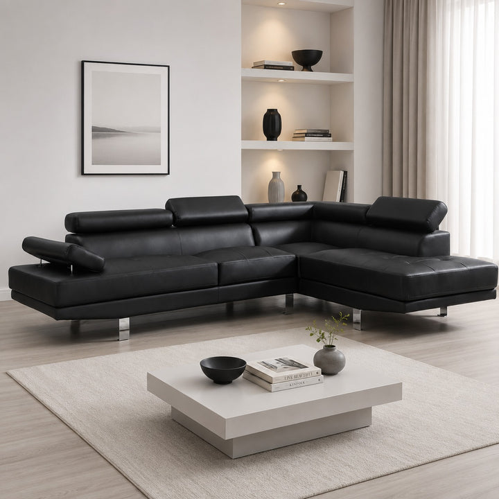 Grayson PU Upholstered Sectional Sofa With Adjustable Headrest - Black | Available In LHF/ RHF Configuration