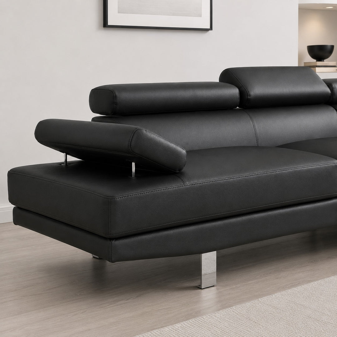 Grayson PU Upholstered Sectional Sofa With Adjustable Headrest - Black | Available In LHF/ RHF Configuration