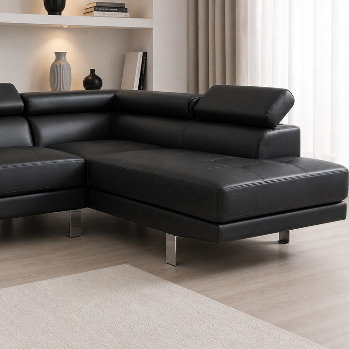 Grayson PU Upholstered Sectional Sofa With Adjustable Headrest - Black | Available In LHF/ RHF Configuration