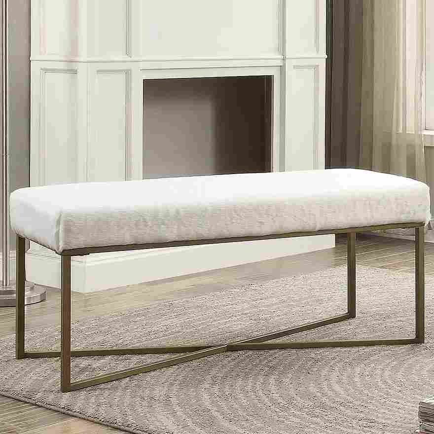 Elegance in White and Gold Fuzzy Faux Fur Bench