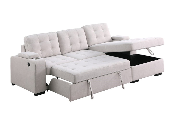 Lennox Sectional Sleeper Bed -RHS Storage Chaise, Elegant Beige, Contemporary Design with Pull-Out Bed & USB Charging