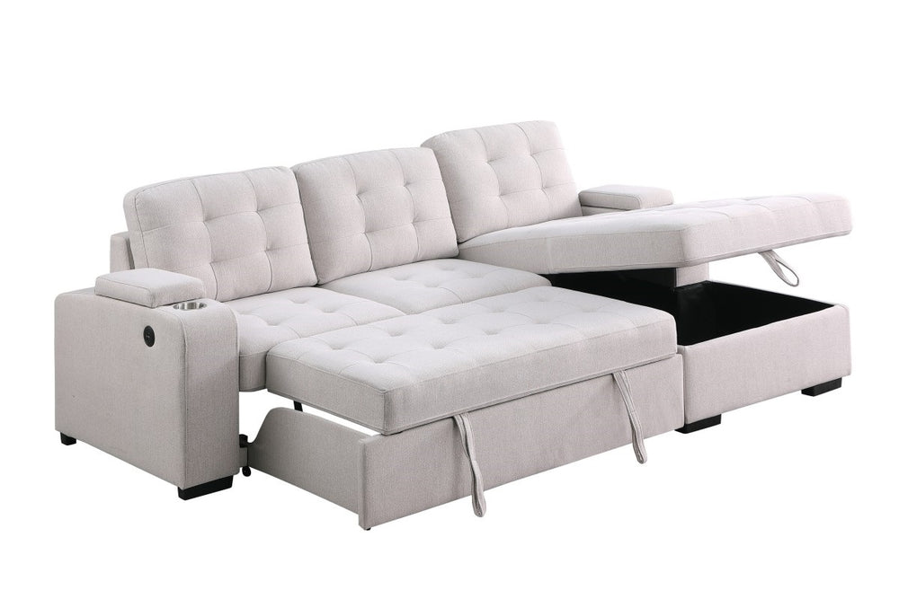 Lennox Sectional Sleeper Bed - Elegant Beige, Contemporary Design with Pull-Out Bed, Storage Chaise, and USB Charging