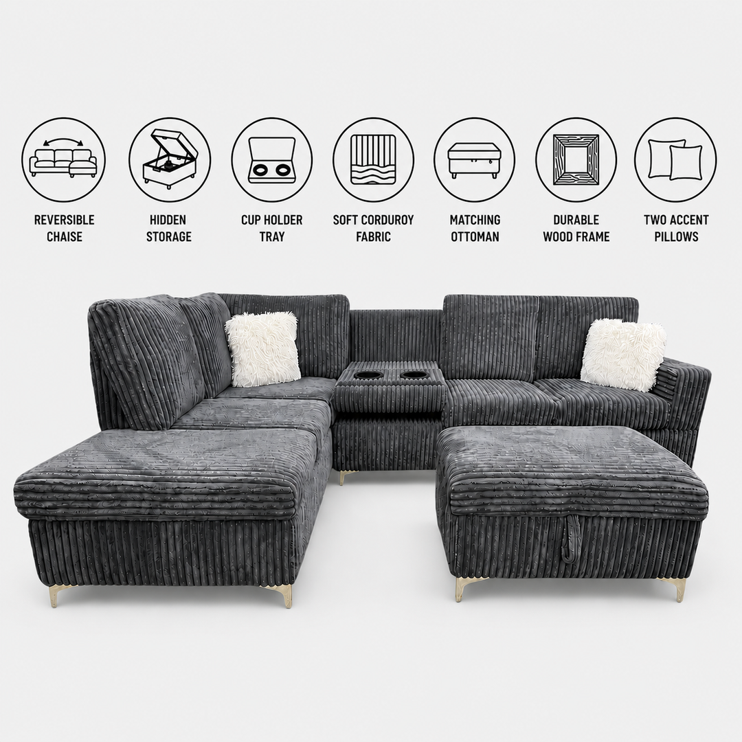 Scott Grey Corduroy Reversible Sectional Sofa Set with Storage Chaise &amp; Ottoman