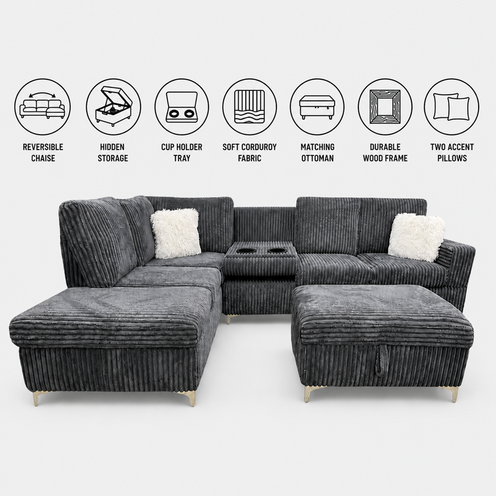 Scott Grey Corduroy Reversible Sectional Sofa Set with Storage Chaise &amp; Ottoman