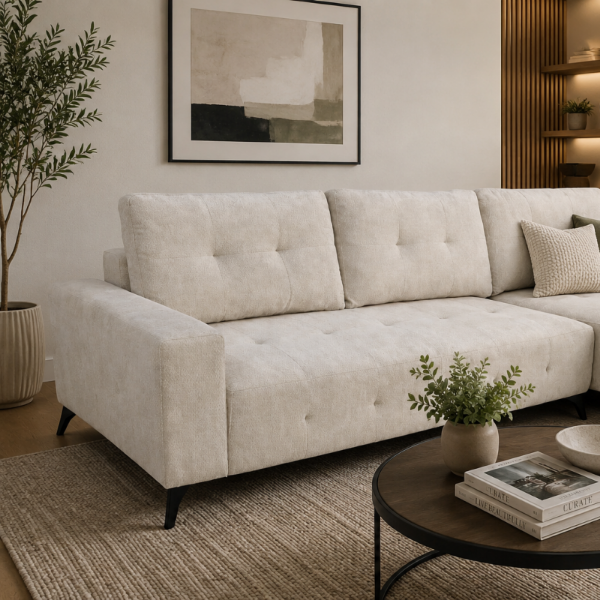 Binny Fabric Upholstered Beige Sectional Sofa Bed With Chaise Lounge | Available In RHF/ LHF Configuration