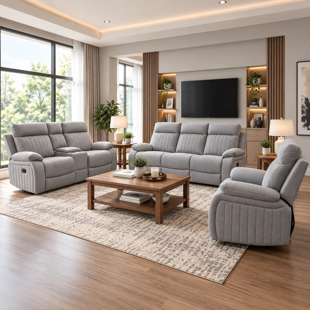 Phantom 3-Piece Stone Manual Recliner Set in Fabric Upholstery