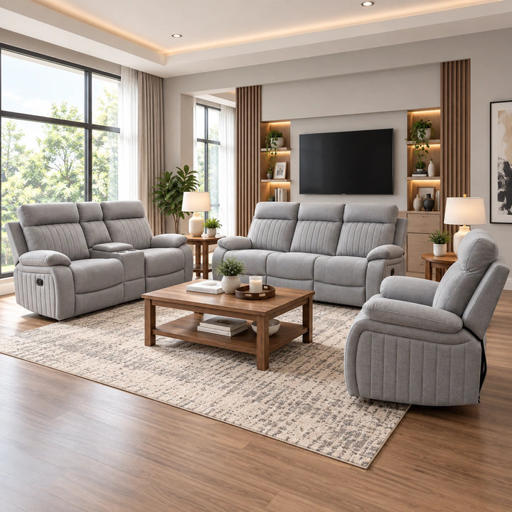 Phantom 3-Piece Stone Manual Recliner Set in Fabric Upholstery