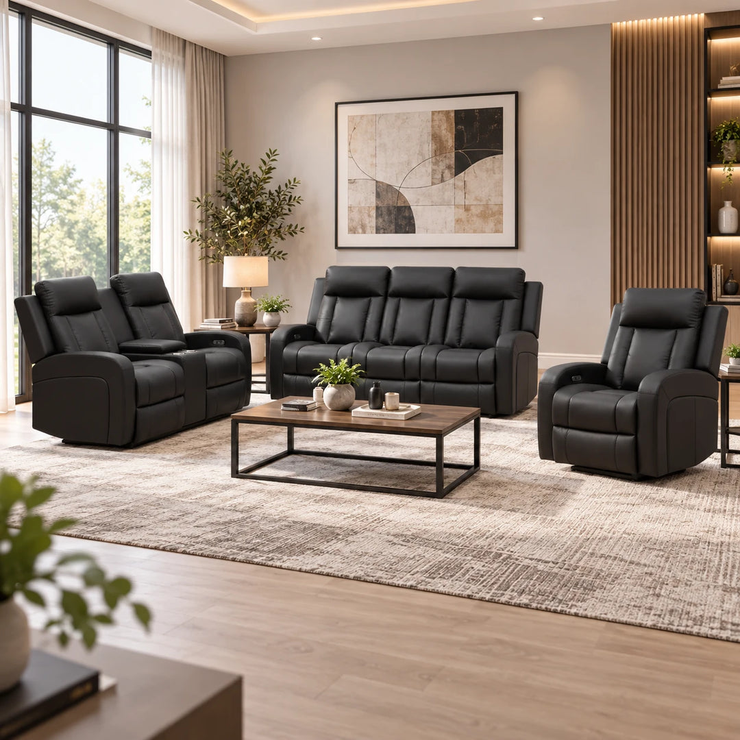 Gary 3-Piece Black Power Recliner Set in Top Grain Leather