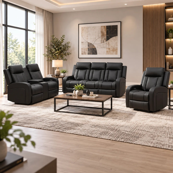 Gary 3-Piece Black Power Recliner Set in Top Grain Leather