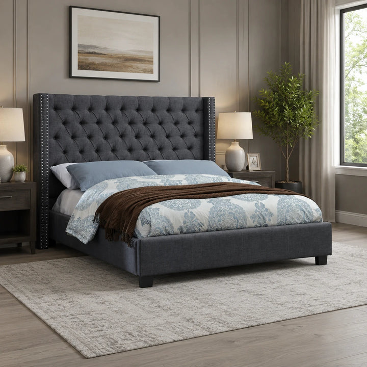 Zuka Grey Fabric Upholstered Platform Bed Frame With Button Tufted Headboard