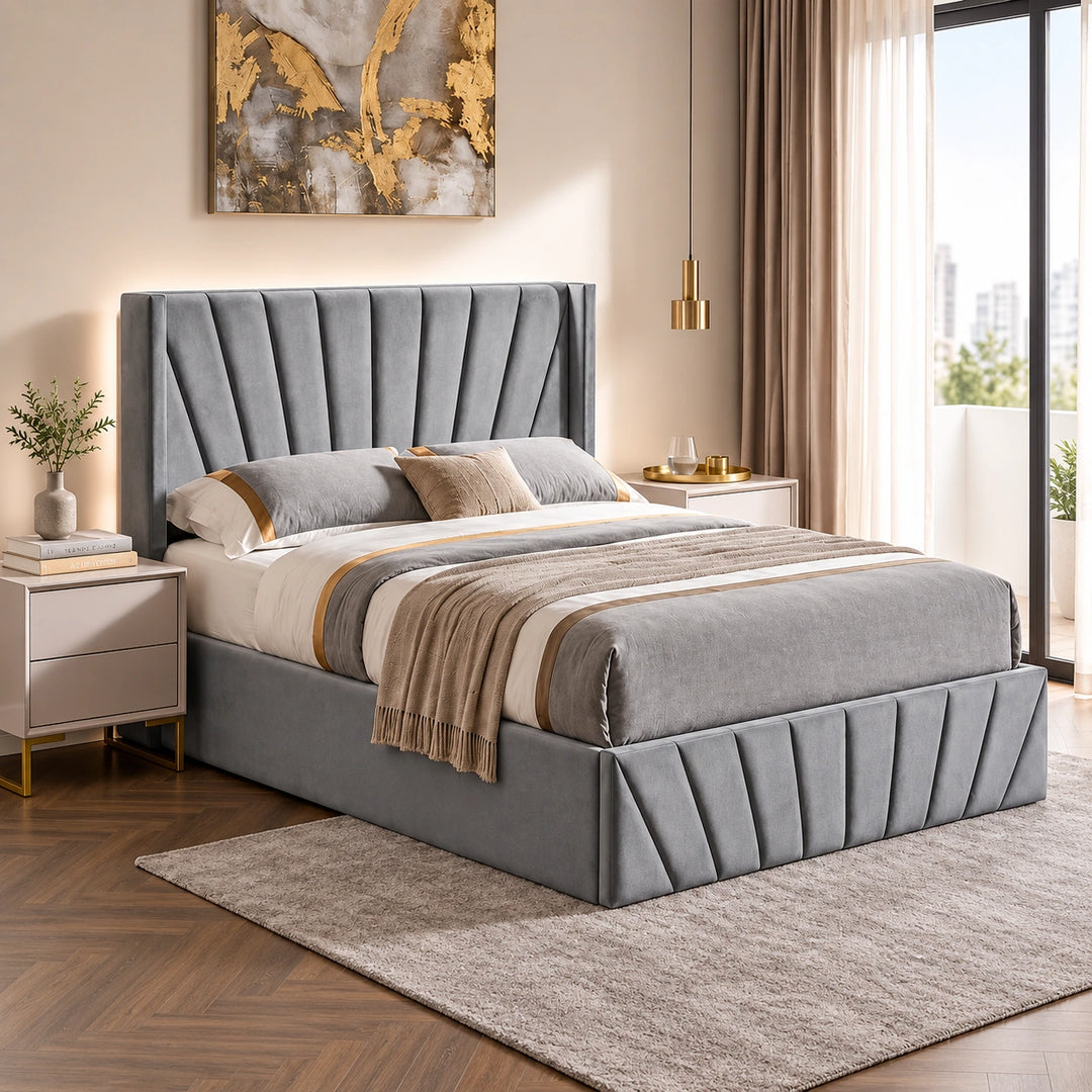 Konas Grey Velvet Upholstered Smart Storage Platform Bed Frame