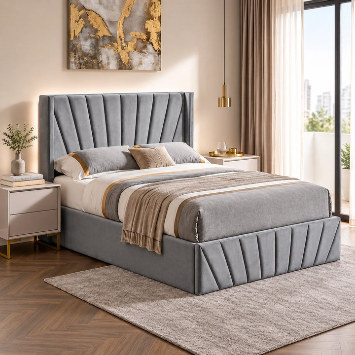 Konas Grey Velvet Upholstered Smart Storage Platform Bed Frame
