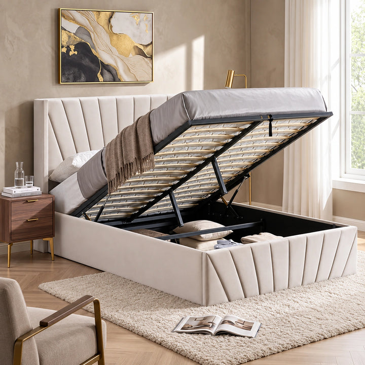 Konas Ivory Velvet Upholstered Smart Storage Platform Bed Frame