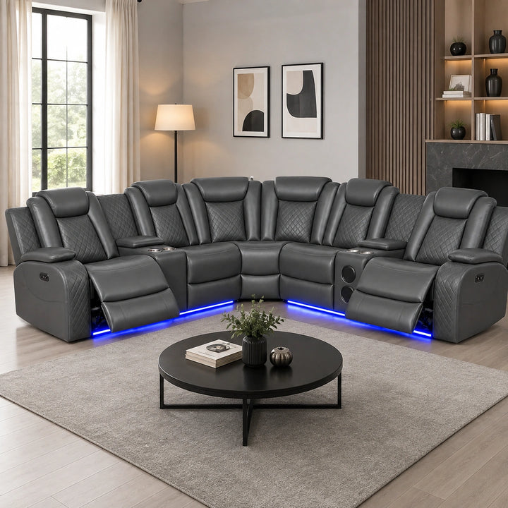 Finley 5-Seater Sectional Recliner In Leathaire Upholstery - Grey | Power Recline, Wireless Charger, Bluetooth Speakers, Bottom LEDs, Cup Holders &amp; Storage Console