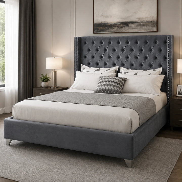Suzon Grey Velvet Upholstered Platform Bed Frame With Button-Tufted Headboard