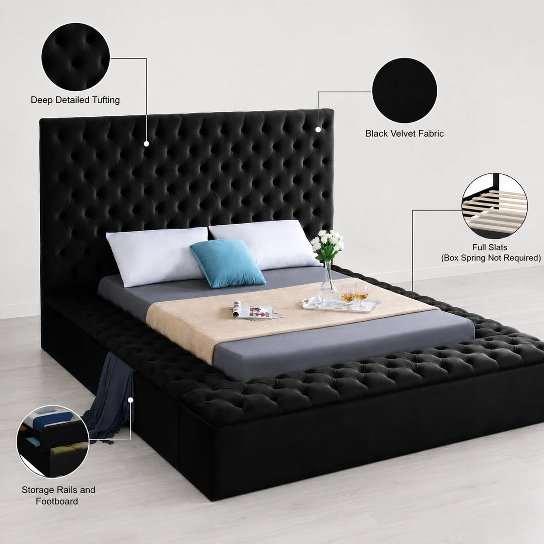 Vettori Black Velvet Upholstered Platform Bed Frame With Built-in Storage Benches