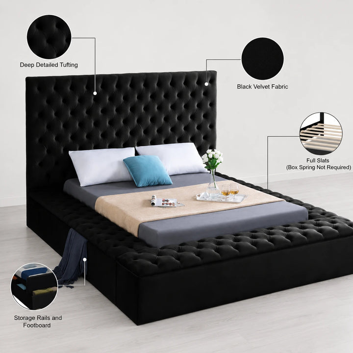 Vettori Black Velvet Upholstered Platform Bed Frame With Built-in Storage Benches