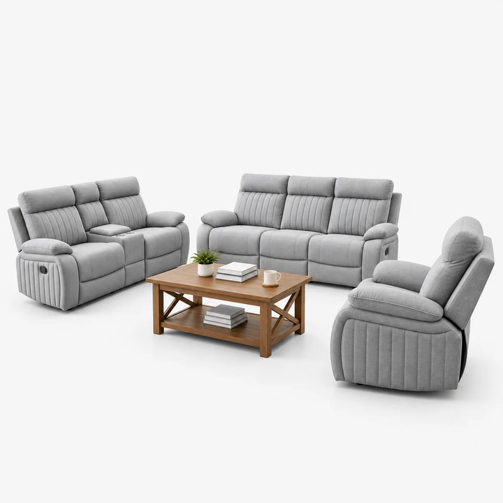 Phantom 3-Piece Stone Manual Recliner Set in Fabric Upholstery