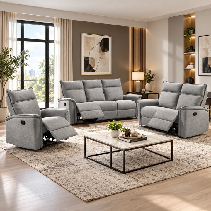 Leera 3-Piece Grey Manual Recliner Set in Fabric Upholstery