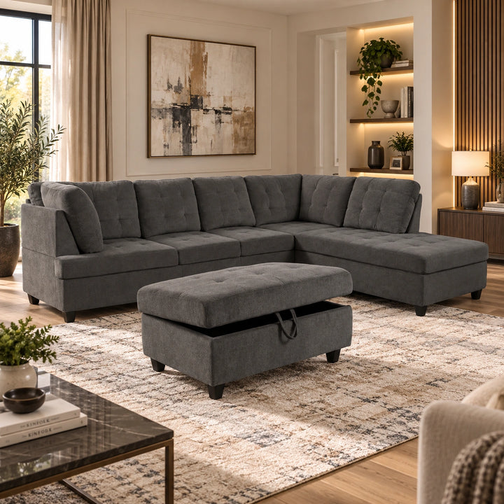 Elvario 2-Piece Fabric Upholstered Sectional Sofa With Storage Ottoman - Dark Grey | Available In LHF/ RHF Configuration