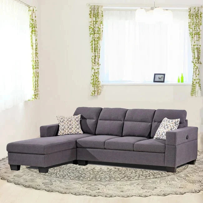 Capri Fabric Upholstered Sectional Sofa With Built-In USB Charging Ports - Grey