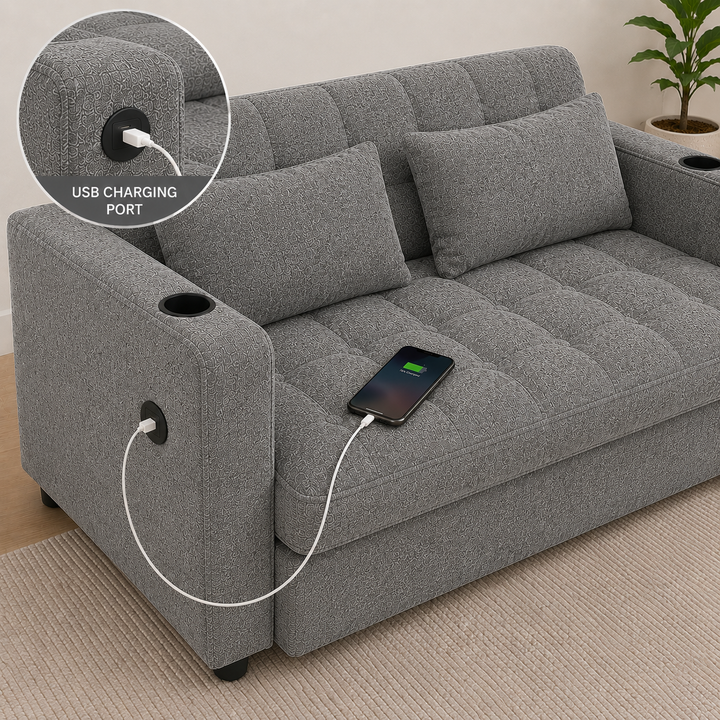 Aspire Fabric Upholstered Sofa Bed With USB Charging Ports - Grey