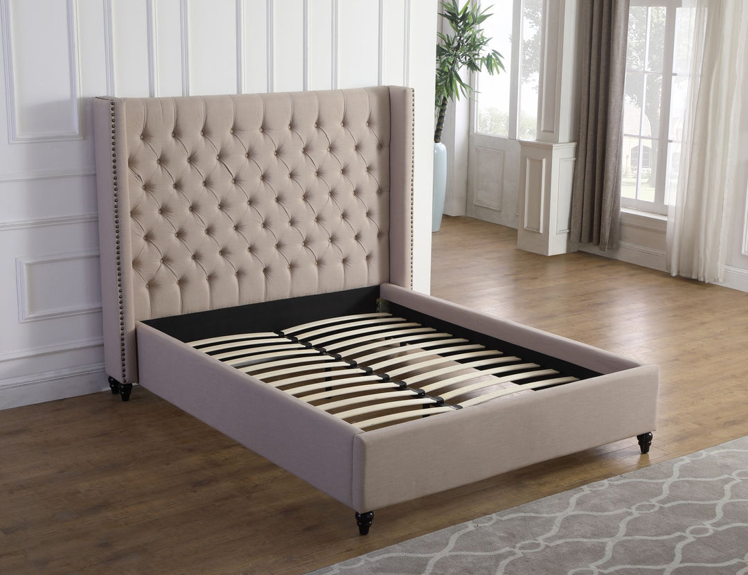 Luxurious King Platform Bed in Elegant Beige with Timeless Design - Tufted Headboard, Nail Head Trim, and Rich Finish